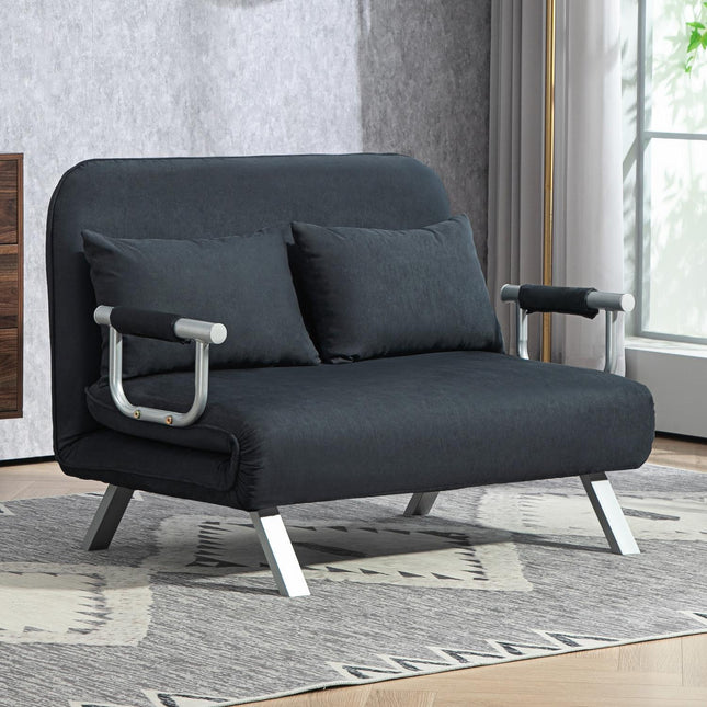 Sofa-lova, sofa-lova su reguliuojamu atlošu, dekoratyvinė pagalvėlė, dvivietė sofa su miegojimo funkcija, aksomo imitacija, porankis, sofa svetainei, miegamajam, juoda