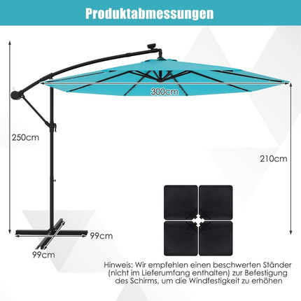 Saulės energija varomas terasos skėtis su LED lemputėmis, 300 cm, turkio spalvos
