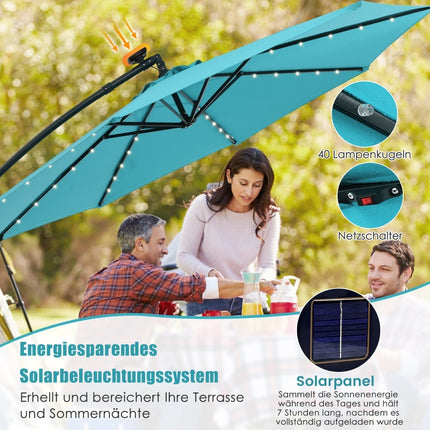 Saulės energija varomas terasos skėtis su LED lemputėmis, 300 cm, turkio spalvos
