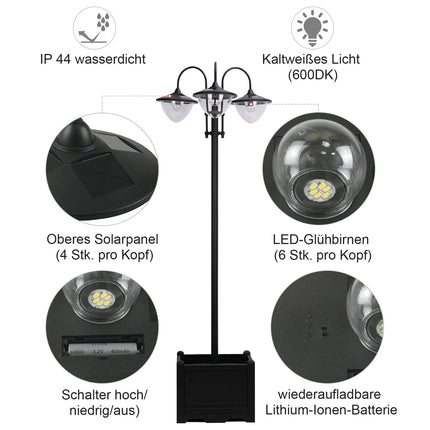 Solar Garden Light, 3-head lamp with flower pot base