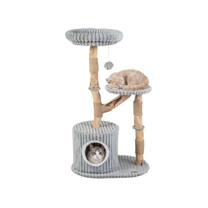 Solid Wood Cat Tree with Real Branches and Scratching Posts, 41 Inch, Grey