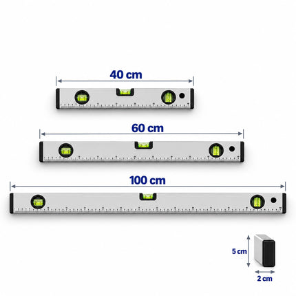 Spirit Level Set of 3, 40, 60 and 100 cm, Aluminium – 0°, 45°, 90° Vials, Silver