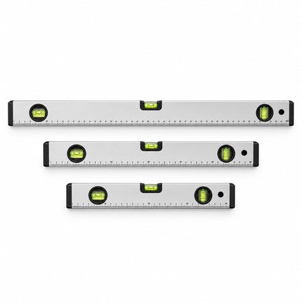 Spirit Level Set of 3, 40, 60 and 100 cm, Aluminium – 0°, 45°, 90° Vials, Silver