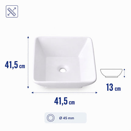 Kvadratinis keraminis praustuvas, 41,5 cm, be skylės maišytuvui