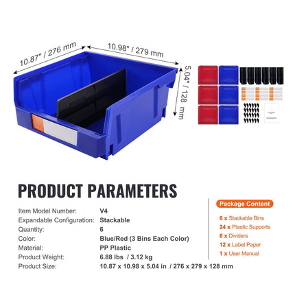 Stackable Storage Bins 11 x 11 x 5 in, Hanging, 6-Pack