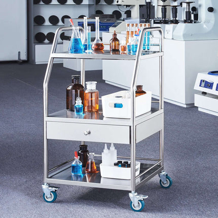 Stainless Steel 3-Tier Utility Cart With Drawer, Locks