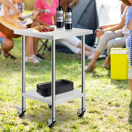 Stainless Steel Work Table 24 x 24 x 38 in, Wheels, Adjustable Shelf