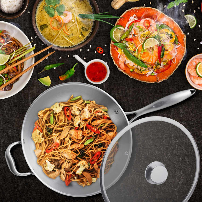 Nerūdijančio plieno wok su stikliniu dangčiu