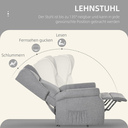 Televizoriaus kėdė su elektrine atsistovėjimo atrama, atlošo funkcija, linas, pilka, 72,5 x 94 x 109 cm