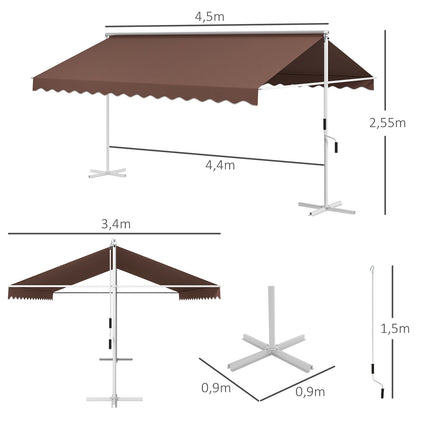 Pastatoma sodo markizė 4,5 x 3,4 m, rankomis valdoma, ištraukiama terasos stogelio uždanga, reguliuojama, apsauga nuo saulės, poliesteris, kavos spalvos
