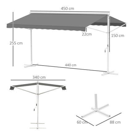 Pastatoma sodo markizės formos stoginė su sulankstoma rankena ir alkūniniu velenu, 4,5 x 3,4 m, pilka, terasai