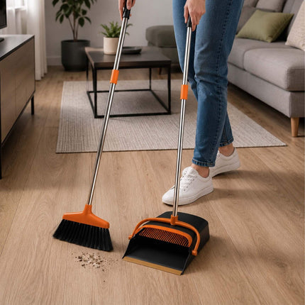 Pastatomų šluotų ir semtuvėlių rinkinys, reguliuojama rankena, juodas/oranžinis