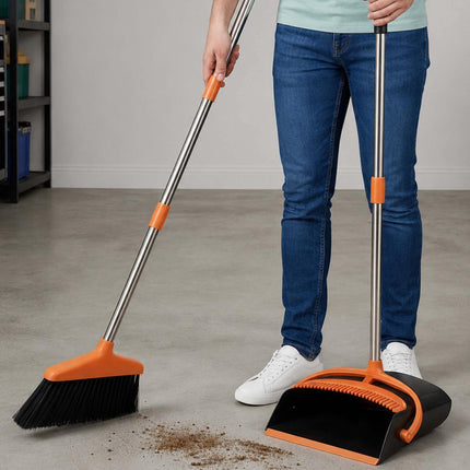 Pastatomų šluotų ir semtuvėlių rinkinys, reguliuojama rankena, juodas/oranžinis