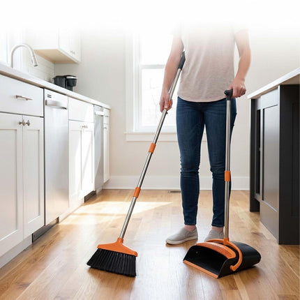 Pastatomų šluotų ir semtuvėlių rinkinys, reguliuojama rankena, juodas/oranžinis