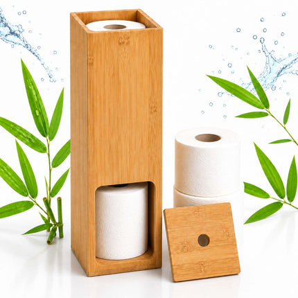 Standing Toilet Roll Holder for 4 Rolls, Wall-Mountable, Natural Bamboo