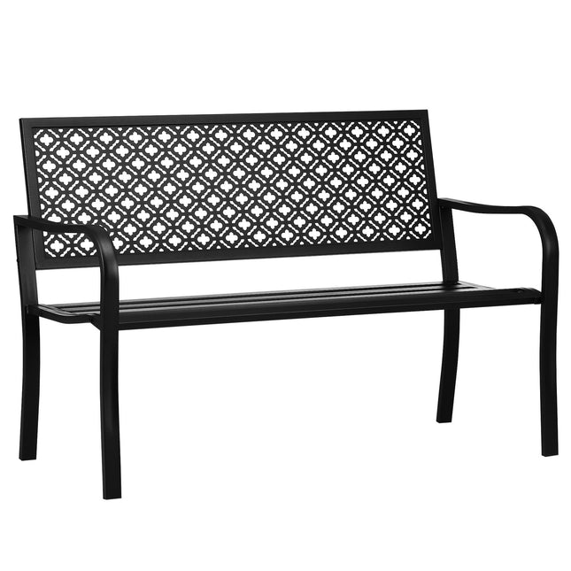 Plieninis sodo suoliukas, dvivietis parko suoliukas su atlošu ir porankiu, suoliukas su gėlių raštu, maks. 240 kg, juodas, 127 x 63 x 83 cm
