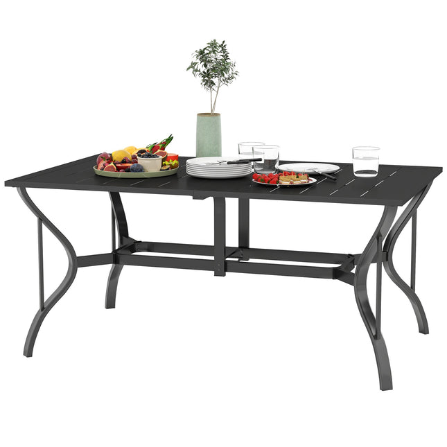 Plieninis sodo stalas 150x90 cm, atsparus oro sąlygoms, balkono stalas su skėčio skyle, grotelių dizaino švediškas stalas, kempingo stalas 6 asmenims, kiemo stalas, lauko valgomojo stalas sodui, terasai, balkonui, juodas |