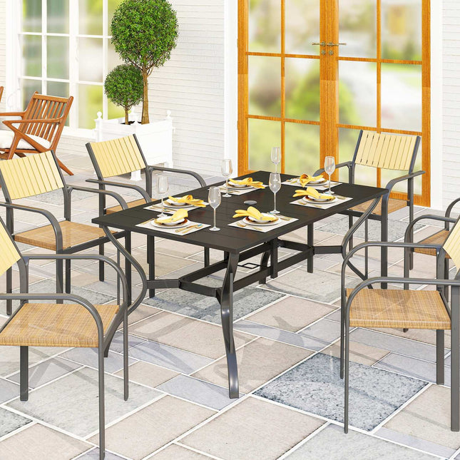 Plieninis sodo stalas 150x90 cm, atsparus oro sąlygoms, balkono stalas su skėčio skyle, grotelių dizaino švediškas stalas, kempingo stalas 6 asmenims, kiemo stalas, lauko valgomojo stalas sodui, terasai, balkonui, juodas |