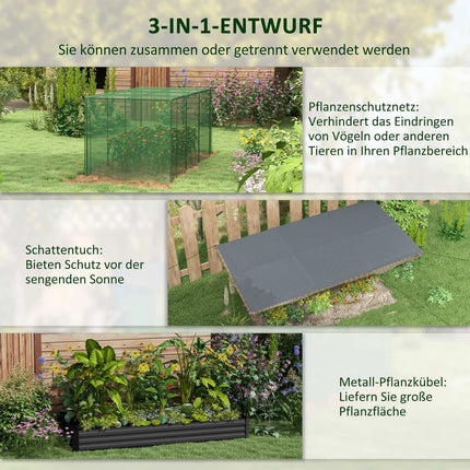 Steel garden bed with bird netting, dark grey, 230x110x110 cm