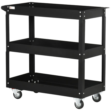 Plieninis dirbtuvių vežimėlis su 3 lentynomis ant ratukų ir rankena - maks. apkrova 150 kg - 83 x 35,3 x 76 cm, juodas