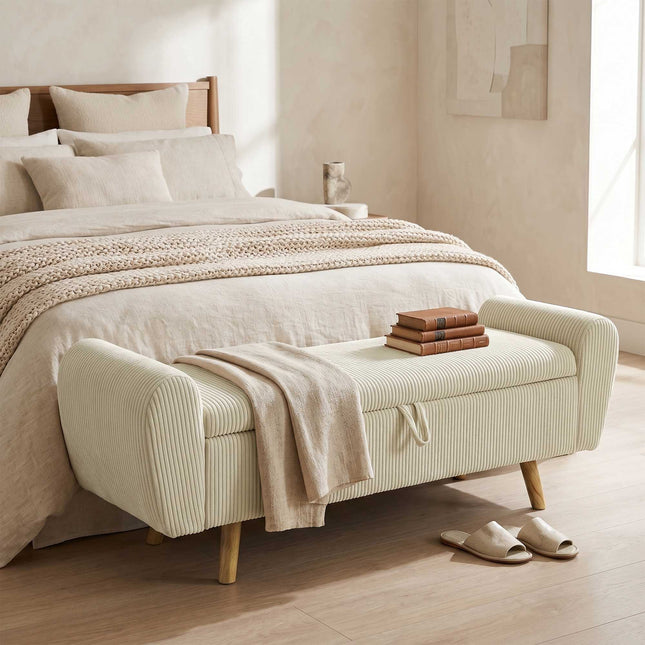 Suoliukas daiktadėžei su paslėptu skyriumi, smėlio spalvos velvetas, 150 cm