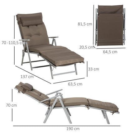 Sulankstomas saulės gultas, paplūdimio gultas, sodo gultas, reguliuojamas, su pagalvėle, sodo metalinis audinys, rudas ir sidabrinis, 137 x 63,5 x 100,5 cm