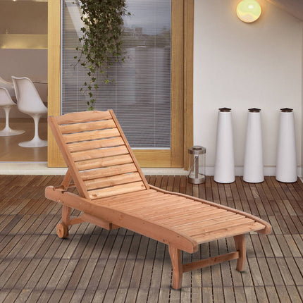 Folding Fir Wood Sun Lounger, Mobile & Portable – Brown/Red