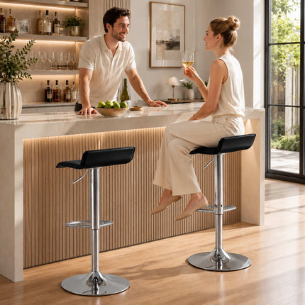 Swivel Bar Stool 55–76 cm with Gas Lift and Footrest, Black, Silver Steel Base