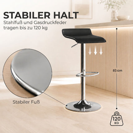 Swivel Bar Stool 55–76 cm with Gas Lift and Footrest, Black, Silver Steel Base