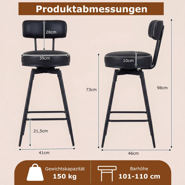 Pasukamos baro kėdės, 2 vnt. komplektas, juoda dirbtinė oda, 360° sukimasis