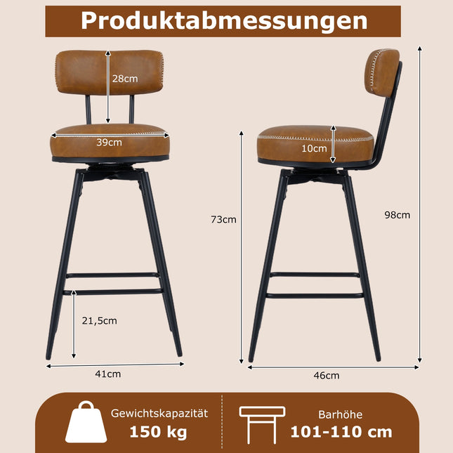 Pasukamos baro kėdės, 2 vnt. komplektas, dirbtinė oda, rudos, 360° sukimasis