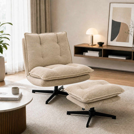 Swivel Lounge Chair with Height-Adjustable Footstool, Corduroy, Beige