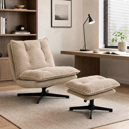 Swivel Lounge Chair with Height-Adjustable Footstool, Corduroy, Beige