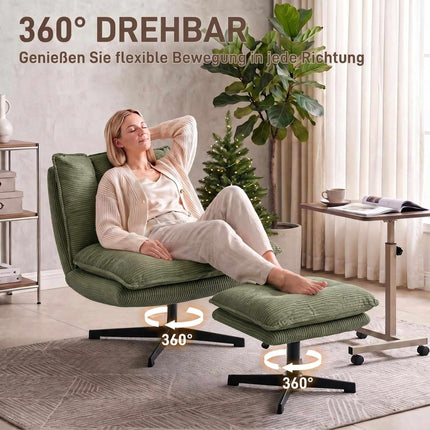 Swivel Lounge Chair with Height-Adjustable Footstool, Corduroy, Green