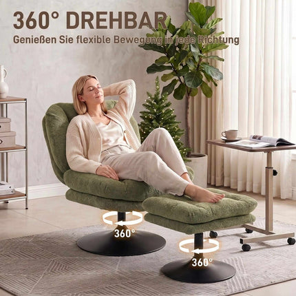 Swivel Lounge Chair with Height-Adjustable Footstool, Textured Velvet, Green
