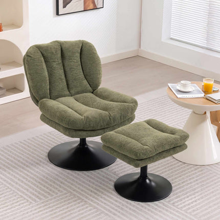 Swivel Lounge Chair with Height-Adjustable Footstool, Textured Velvet, Green