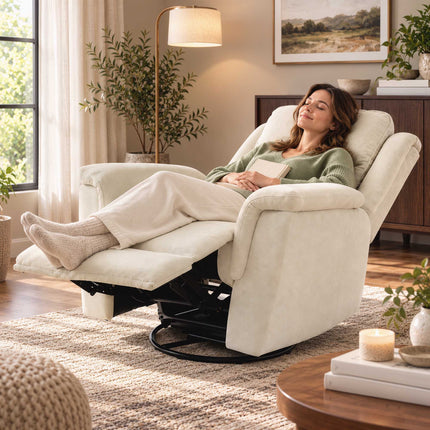 Swivel Rocking Recliner Chair with Footrest and 155° Recline, Cream White
