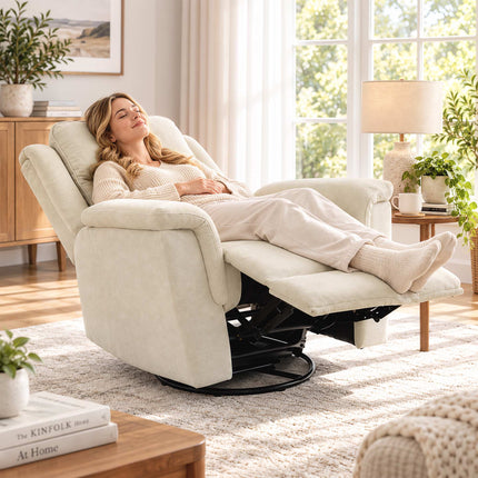 Swivel Rocking Recliner Chair with Footrest and 155° Recline, Cream White