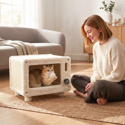TV-Design Cat House with Hammock and Sisal Scratching Mat, Play Ball, White