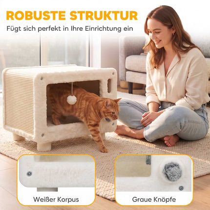TV-Design Cat House with Hammock and Sisal Scratching Mat, Play Ball, White