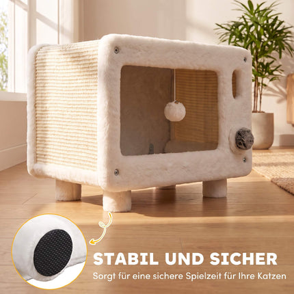TV-Design Cat House with Hammock and Sisal Scratching Mat, Play Ball, White