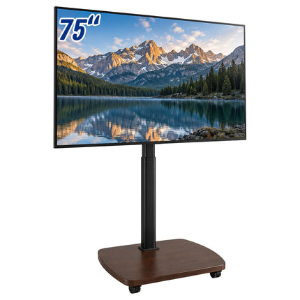 TV Floor Stand 43-75 Inch with Tilt and Swivel, Black, Brown Wood Effect
