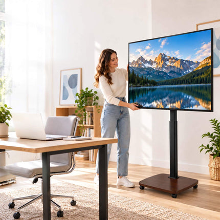 TV Floor Stand 43-75 Inch with Tilt and Swivel, Black, Brown Wood Effect