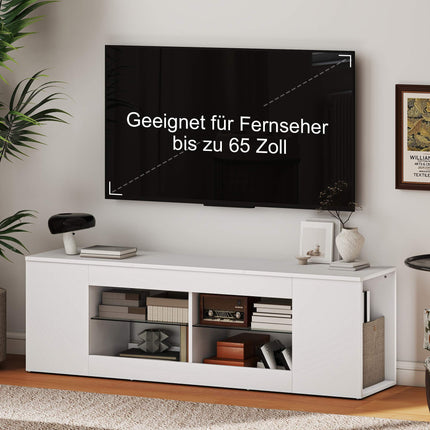 TV staliukas su 6 lentynomis, 2 stikliniais laikikliais, 140 cm, baltas