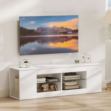 TV staliukas su 6 lentynomis, 2 stikliniais laikikliais, 140 cm, baltas