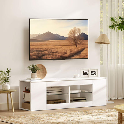 TV staliukas su 6 lentynomis, 2 stikliniais laikikliais, 140 cm, baltas