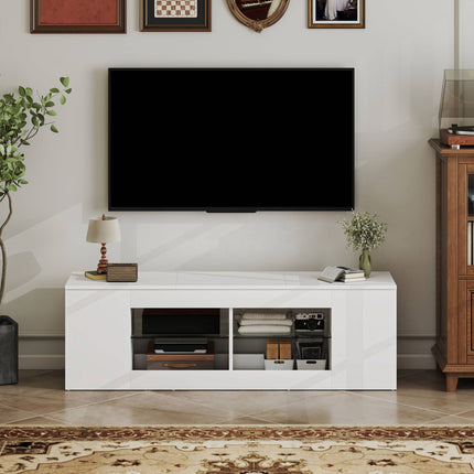TV staliukas su 6 lentynomis, 2 stikliniais laikikliais, 140 cm, baltas
