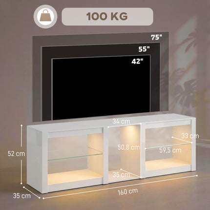 TV staliukas su RGB LED lemputėmis, blizgiai baltas, 160 cm