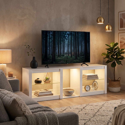 TV staliukas su RGB LED lemputėmis, blizgiai baltas, 160 cm