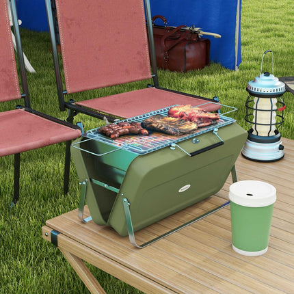 Stalo grilis, medžio anglies grilis su medžio anglies padėklu, grilio stovas, rankena, piknikas, sodas, nerūdijantis plienas, žalias